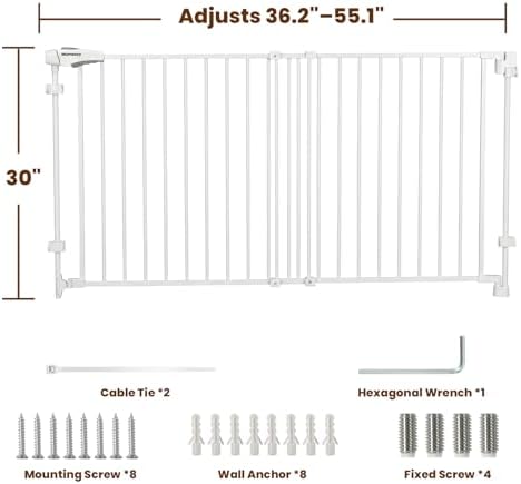 Mumeasy 30" Tall Baby Gate for Stairs, 36.2-55.1" Expandable Hardware Mounted (Drill Needed), Removable No Bottom Bar Dog Gate, Auto Close Wide Walk Thru Safety Gate for Doorways, Pets& Toddlers,White - Image 2