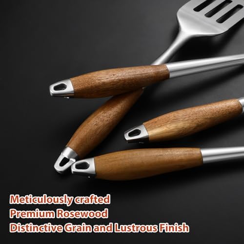 3 pcs Heavy-Duty Rose Wooden BBQ Grilling Tools Set, Extra Thick Stainless Steel Multi-Functional Spatula, Fork, Tong- an Excellent Barbecue Gift for Men - Image 5