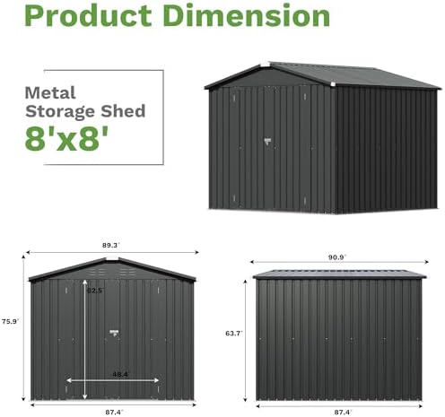 Patiowell 8x8 FT Storage Shed, Outdoor Metal Sheds, Black - Image 2