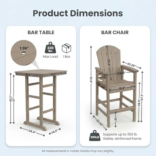 3-Piece HDPE Bar Height Table and Chairs Set, 42.1" Square High Top Pub Table with Umbrella Hole, 2 Adirondack Charis with Cup Holders, Outdoor Patio Dining Set for Bistro Backyard Deck Barnwood - Image 2