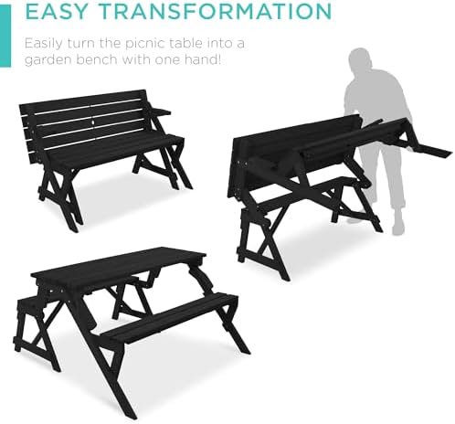 Best Choice Products 2-in-1 Transforming Interchangeable Outdoor Wooden Picnic Table Garden Bench for Backyard, Porch, Patio, Deck w/Umbrella Hole - Black - Image 2