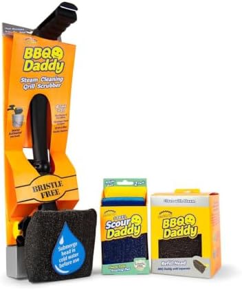 Scrub Daddy BBQ Daddy Grill Cleaner Kit - Bristle Free Grill Brush with Refill + 2 Steel Scour Daddy Grill Sponges - Built-in Grill Scraper - Temperature Controlled Grill Cleaning Tools (4 Count) by ScrubDaddy