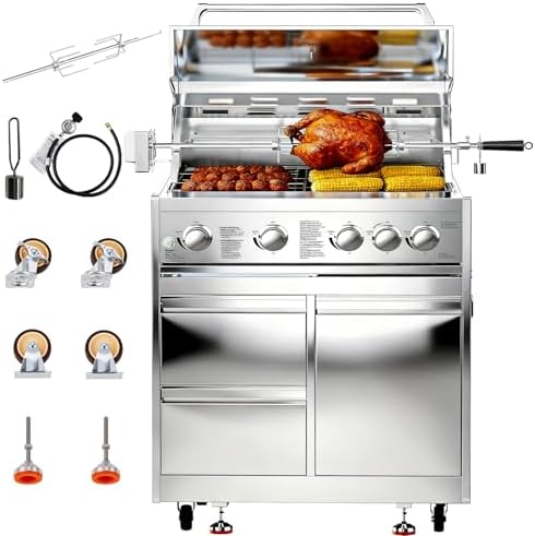 BODEGA Stainless Steel Outdoor Kitchen Propane Gas Grill and Outdoor Kitchen Cabinets for BBQ with 2 Drawers and Propane Tank Storage,Thermometer & Rotisserie Chicken Fork Kit, Seaside BBQ, Camping. by BODEGA