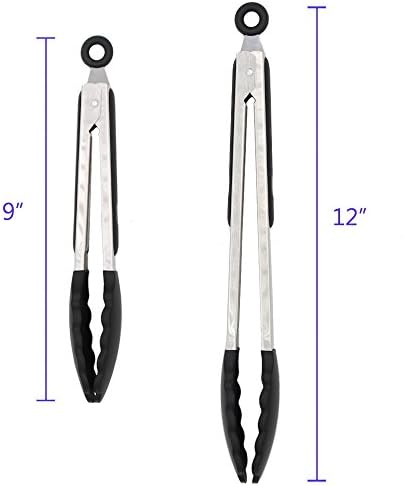 2 Pack Silicone Kitchen Tongs, 9 & 12 Inch, Stainless Steel, Black - Image 3