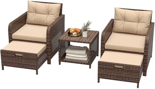 LHBcraft 5 Piece Patio Furniture Set, PE Wicker Outdoor Furniture Set with Soft Cushions & Coffee Table, Outdoor Lounge Chairs with Ottoman for Porch, Lawn, Balcony, Coffee-Beige by LHBcraft-US