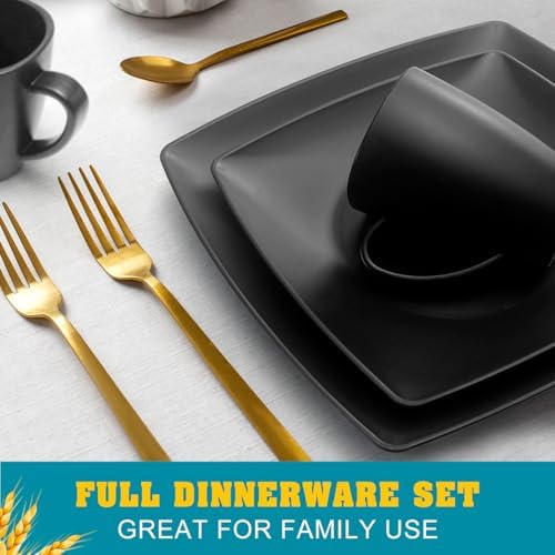 Teivio 16-piece Plastic Wheat Straw Square Dinnerware Set for 4, Unbreakable Dinner Plates, Salad Plates, Snack Bowls, Mugs, Dishwasher Safe, Black - Image 5
