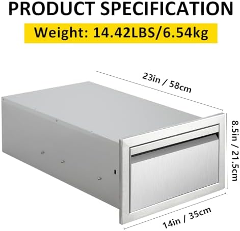 Outdoor Kitchen Drawers 14" W x 8.5" H x 23" D Flush Mount Single BBQ Drawers Built-in Stainless Steel Drawer for Outdoor Kitchen Island, Patio Grill Station - Image 3