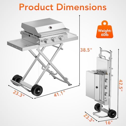Heavy-Duty 3-Burner Propane Gas Griddle, Portable Griddle with Collapsible Stand, Full Stainless Steel Construction, 24,000 BTU Flat Top Gas Grill Griddle for Camping, Tailgating, Backyard & Patio - Image 4