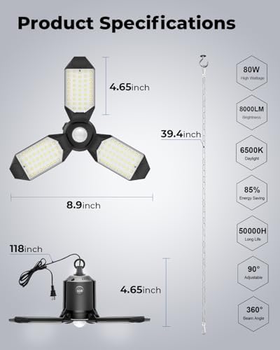 2 Pack Motion Sensor Garage Light Plug in, 8000LM 6500K Shop Lights - Image 6