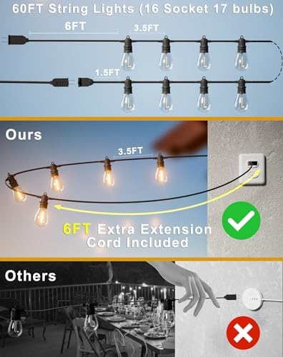 60FT LED Outdoor String Lights with 16+1 Edison Shatterproof Waterproof Bulbs, 2700K Commercial Grade Patio Lights, Heavy Duty Outside Hanging for Garden Porch Deck Decor - Image 5