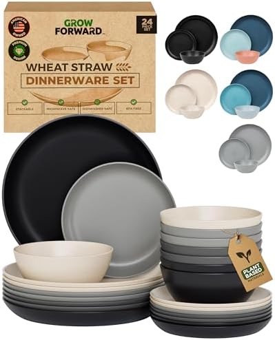 Grow Forward 24-piece Premium Wheat Straw Dinnerware Sets for 8 - Unbreakable Dishwasher & Microwave Safe Plastic Plates and Bowls Sets - Patio, Outdoors, RV, Camping Dishes - Moonlight by GrowForward
