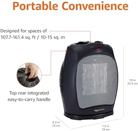 Amazon Basics Oscillating Ceramic Space Heater, Portable Fast Heating Indoor Solution, With Overheat and Tip-Over Protection, Thermostat, 1500W, 7.52"D x 6.34"W x 9.45"H, Black - Image 3