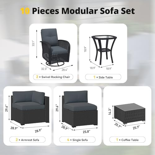 Aoxun Patio Furniture Set with Swivel Rocker Chairs, 10 Piece Outdoor Sectional Sofas, Wicker Rattan Outdoor Furniture with Thickened Cushion for Backyard, Garden Light Grey - Image 3