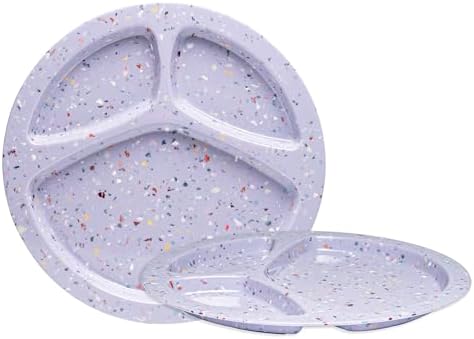 bzyoo 11-Inch Divided Plates Set of 2, 100% Melamine Portion Control Plates for Adults & Kids, Modern Confetti Pattern, BPA-Free & Dishwasher Safe, Ideal for Camping, RV, and Daily Use (Purple) by bzyoo