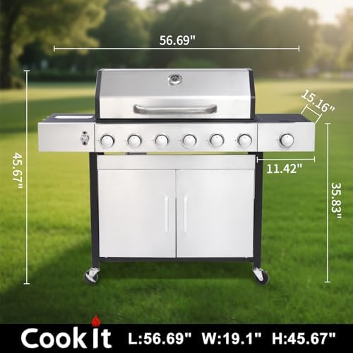 69000 BTU Output Propane Gas Grill with Side Burner and 6 Main Burners - Double-layer Stainless Steel Lid, Cast Iron Grids and Plate, Easy-Clean Grease Management for Perfect BBQs - Image 2