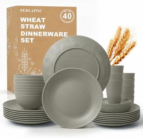 Unbreakable Wheat Straw Dinnerware Set 40 PCS - Wheat Straw Plates and Bowls Sets With Cups for 8 Dishwasher & Microwave Safe Lightweight Dish Set for Party Camping Kitchen - Grey by Perlapoc