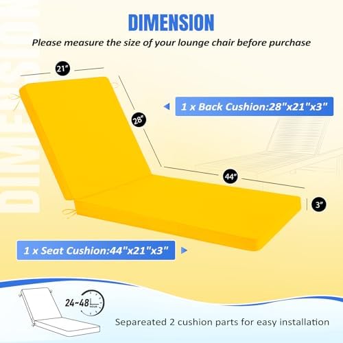 Basic Beyond Chaise Lounge Cushions Outdoor, 3-Layer Waterproof Outdoor Furniture Cushions with Removable Cover and 4 Ties, 72"x21"x3" Patio Lounge Chair Cushions for Outdoor Furniture, Yellow - Image 4