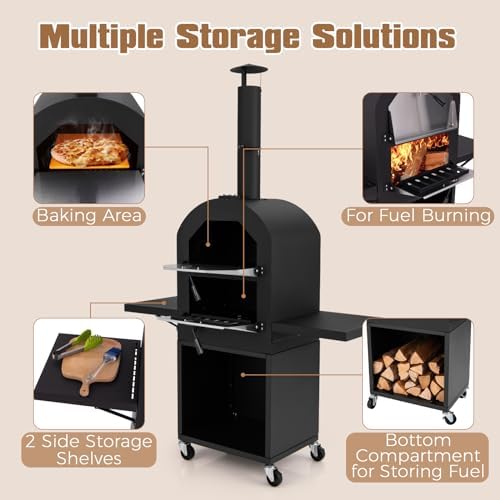 LDAILY Outdoor Pizza Oven, Wood Fired Pizza Maker with Side Shelves, Cooking Grids, Cover, Pizza Stone & Peel, Patio Portable Pizza Stove for Backyard, Camping & Party, Black - Image 4