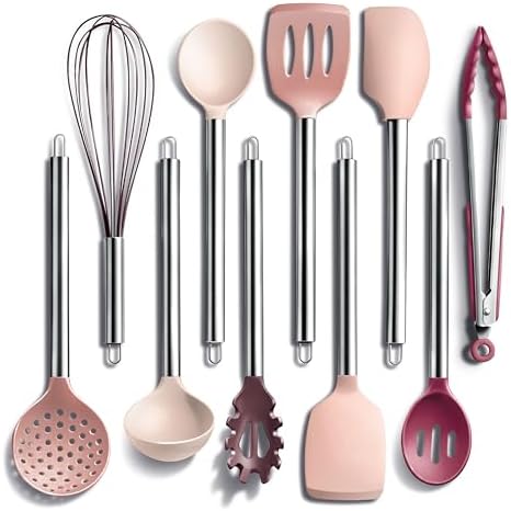 COOK WITH COLOR Silicone Cooking Utensils, Kitchen Utensil Set, Easy to Clean Silicone Kitchen Utensils, Cooking Utensils for Nonstick Cookware, Kitchen Gadgets Set, 10 Pieces, Rose by CookwithColor