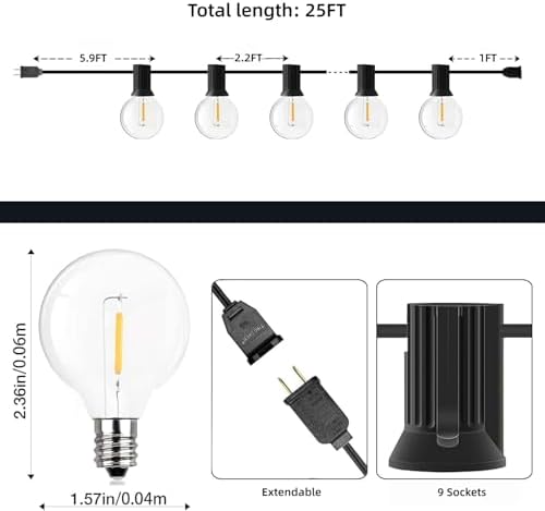 GPATIO Outdoor String Lights, 25FT G40 Bulbs Shatterproof Patio Lights, Waterproof Dimmable Hanging Outdoor Lights, Connectable LED Outside Lights for Backyard Yard Gazebo Porch Party - Image 6