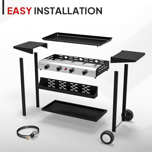 Bonnlo 4 Burner Portable Propane Griddle, 40,000BTU Gas Grill with Enameled Tray, Rolling Flat Top Grill with Electronic Ignition, Side Shelve & Regulator, Ideal for Outdoor Patio Cooking BBQ - Image 5