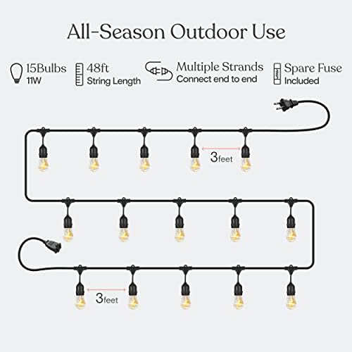 Brightech Ambience Pro Incandescent Outdoor String Lights - Commercial Grade Waterproof Patio Lights with 48 Ft Dimmable Edison Bulbs, Porch String Lights for Patio, Backyard - 15 Bulbs 11W - Image 3