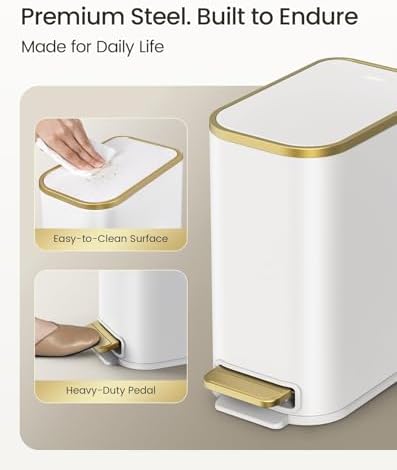 Cesun Small Bathroom Trash Can with Gold Grimmed Lid & Pedal, 1.3Gal, White - Image 4