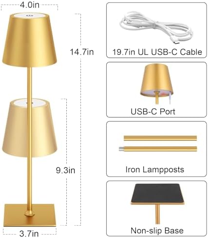 Kakanuo Gold Cordless Rechargeable Table Lamp 5000mAh Battery Operated Lamps, 3 Colors Stepless Dimming Touch Lamp for Living Room, Kitchen Counter, Dining, Outdoor Patio, 2 Pack - Image 5