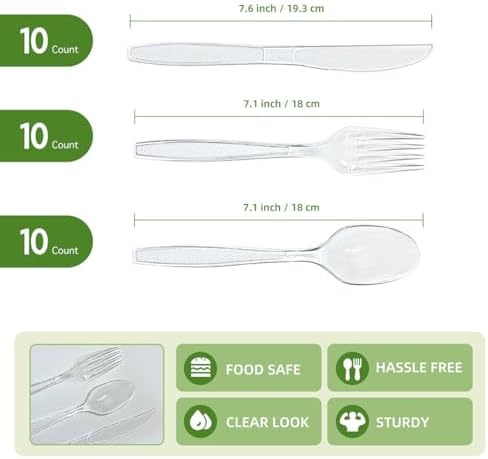 Plastic Silverware Set, 30-Piece Disposable Plastic Utensils for Parties, Clear Cutlery, Plasticware Forks, Spoons, Knives - Image 2