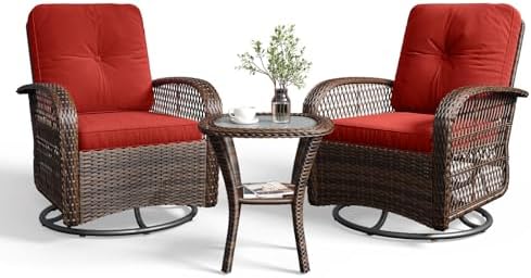 Aoxun 3 Pieces Patio Furniture Set, Patio Swivel Rocker Chairs Set of 2, Wicker Outdoor Bistro Set with Rocking Chair, Thickened Cushions and Table for Porch (Red) by Aoxun