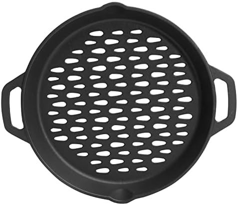 12" Round Cast Iron Grill Basket with Dual Handles – For Veggies/Fish/Meat by MOASKER