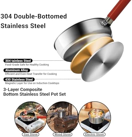 Camping Cookware Set 304 Stainless Steel Cooking Pots Pan Set with Travel Tote Bag for Camping Outdoor Kitchen Cooking Picnic for 4-6 - Image 4