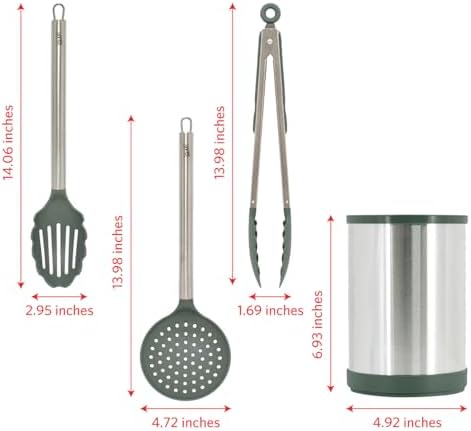 Glad Kitchen Utensils Set, 8pcs - Nonstick Cooking Tools with Stainless Steel Handles & Rotating Utensil Holder - Turners, Ladle, Spoon, Tongs, Spaghetti Server, and Skimmer - Dishwasher Safe, Green - Image 5