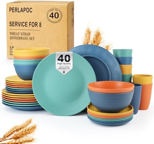 Wheat Straw Dinnerware Set 40 PCS - Service for 8 | Plates and Bowls Sets | Unbreakable Dishes Set - Dinner Plates, Dessert Plate, Cereal Bowls, Drinking Glasses, Dishwasher Safe - Multi by Perlapoc