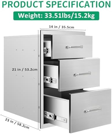Outdoor Kitchen Drawers 14" W x 21" H x 23" D Stainless Steel Triple Drawers with Ergonomic Handle for BBQ Island, Patio Grill Station & Outdoor Kitchen Cabinets - Image 2