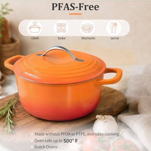 Winado 5 Qt Enameled Cast Iron Dutch Oven Pot with Lid, Orange Ombre - Image 5