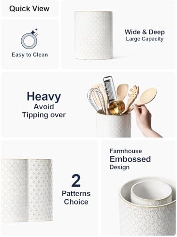 LE TAUCI Utensil Holder for Kitchen Counter - 7.1" Large Ceramic Utensil Crock, Cooking Utensil Organizer for Spatula, Spoon, Whisk - Farmhouse Kitchen Countertop Storage, Embossed, Fireworks - Image 3