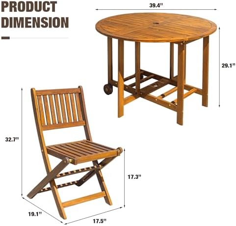 Devoko Acacia Wood Outdoor Patio Folding Table and Chairs Set for 4 - Image 5