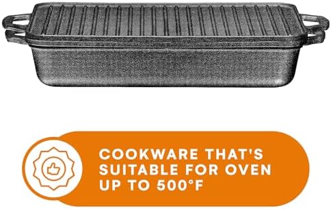 Bruntmor 3-In-1 Pre-Seasoned Cast Iron Pan with Reversible Grill Griddle Lid - 17.8"x11"x3.3" Non-Stick Multi Cooker Deep Roasting Grill Pan - Dutch Oven, Frying or Roasting Pan for Open Fire Camping - Image 6