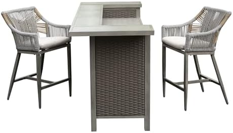 Outdoor Bar Table Set of 3 with 2 Stools, Wicker, Aluminum, Gray - Image 3