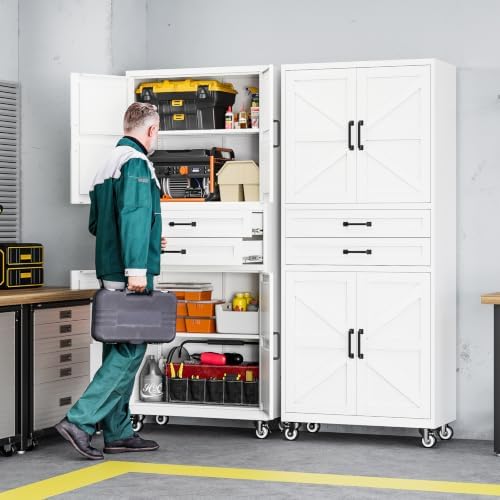 Letaya Metal Garage Storage Cabinets with Wheels,White Rolling Tool Cabinet - Image 2