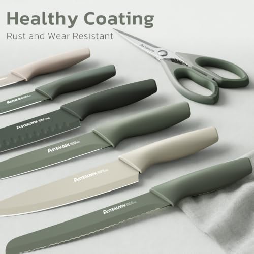 Astercook Knife Set, 13 Pieces Kitchen Knives Set with Healthy Anti-Rust Coating, Dishwasher Safe, Stainless Steel Chef Knife Sets with 6 Blade Guards, Perfect Holiday Gifts for Kitchen Green - Image 2