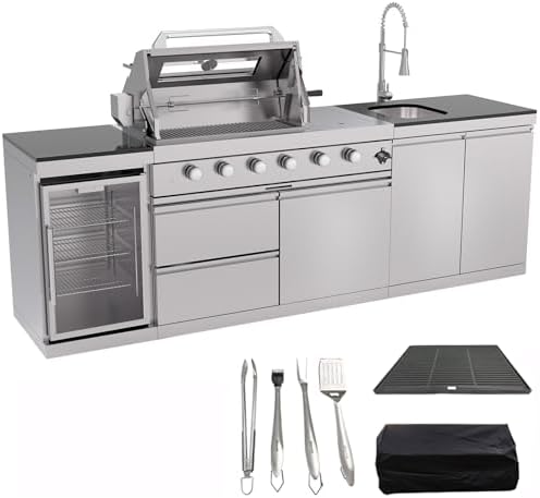 98.4 Inch Outdoor Kitchen Island, 72000 BTU Modular Propane Gas Grill Combination With Refrigerator and Sink, Outdoor Stainless Steel Barbecue Bar, Propane Grill for Patios, Gardens, Parties by Qeeka