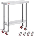 VEVOR Stainless Steel Work Table 30 x 12 x 34 Inch, 700 LBS Load Capacity with 4 Wheels, 3 Adjustable Height Levels, Heavy Duty Food Prep Worktable for Commercial Kitchen Restaurant, Silver by VEVOR