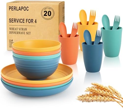Wheat Straw Dinnerware Sets, 20 PCS Service for 4, Dishwasher & Microwave Safe Kids Plates and Bowls Sets, Unbreakable Lightweight Outdoor Camping Dishes - Multicolor by Perlapoc