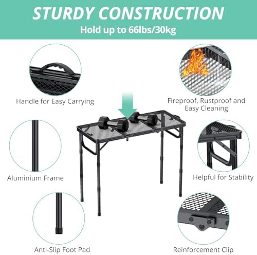 VINTEAM Folding Grill Table with Mesh Top, 3 Adjustable Heights, Lightweight Portable Camping Table, Black Aluminum Alloy BBQ Picnic Table for Outdoor Cooking, Tailgating, Beach, RV & Backyard - Image 2
