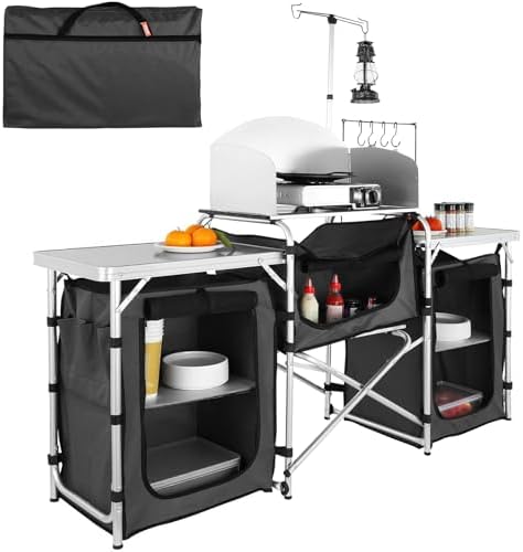 VEVOR Camping Kitchen Table, Folding Outdoor Cooking Table with Storage Carrying Bag, Aluminum Cook Station 3 Cupboard & Detachable Windscreen, Quick Set-up for Picnics, BBQ, RV Traveling, Black by VEVOR