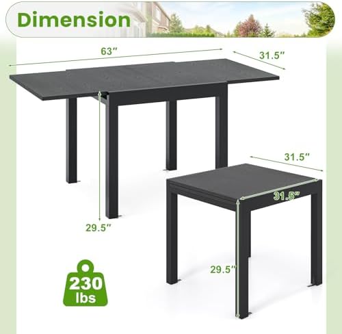 Tangkula 31.5"-63" Extendable Patio Dining Table, Aluminum Adjustable Outdoor Dining Table for 4-6 People, L-Shaped Brace Included for Fixation, Space-Saving Outside Table for Garden, Porch, Poolside - Image 3