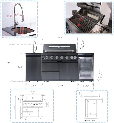 Outdoor Kitchen Island, 82 Inch 6 Burner Propane Gas Grill Combination With Refrigerator and Sink, Outdoor Stainless Steel Barbecue Bar, 85000 BTU Propane Grill for Patios, Gardens, Parties - Image 2