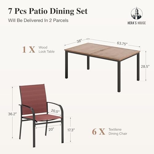 HERA'S HOUSE 7pc Outdoor Patio Dining Set, Wood-Look Metal Table, Red - Image 6